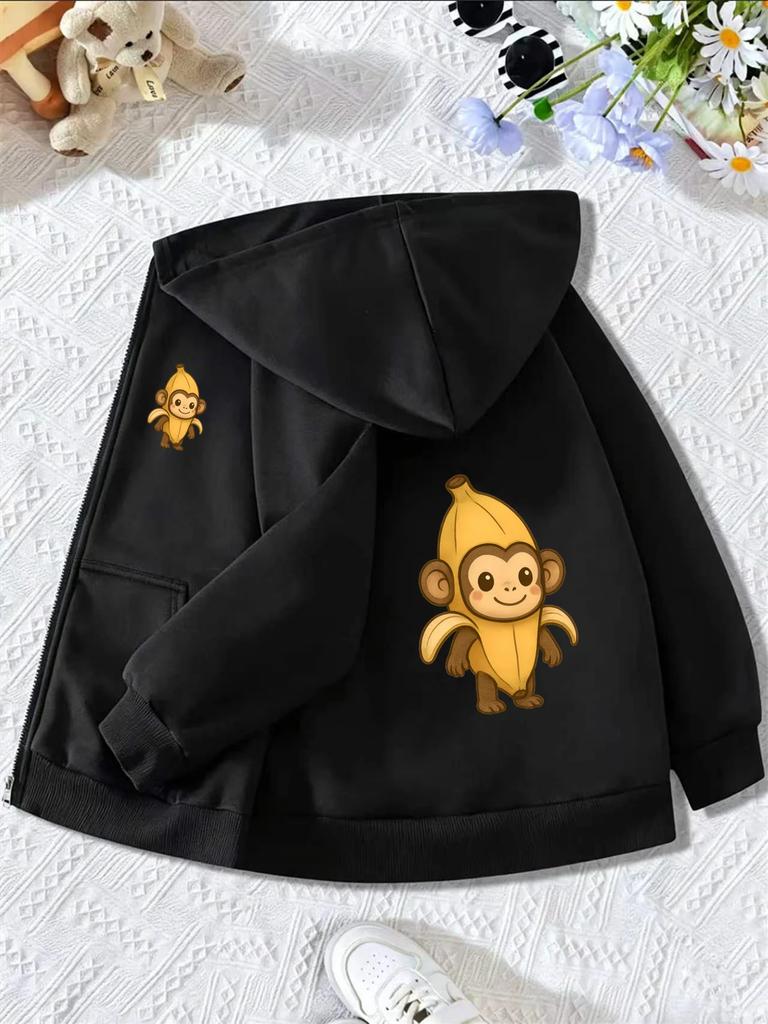 Childrens Black Zip Hooded Jacket Funny Banana Monkey Graphic Front Sleeve Double Print Long Sleeve Streetwear Coat