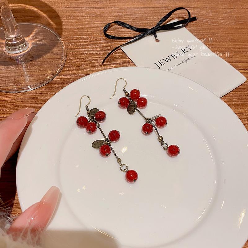 Festive Cherry Red Earrings: Unique Ancient-Inspired Design with S925 Silver Needle