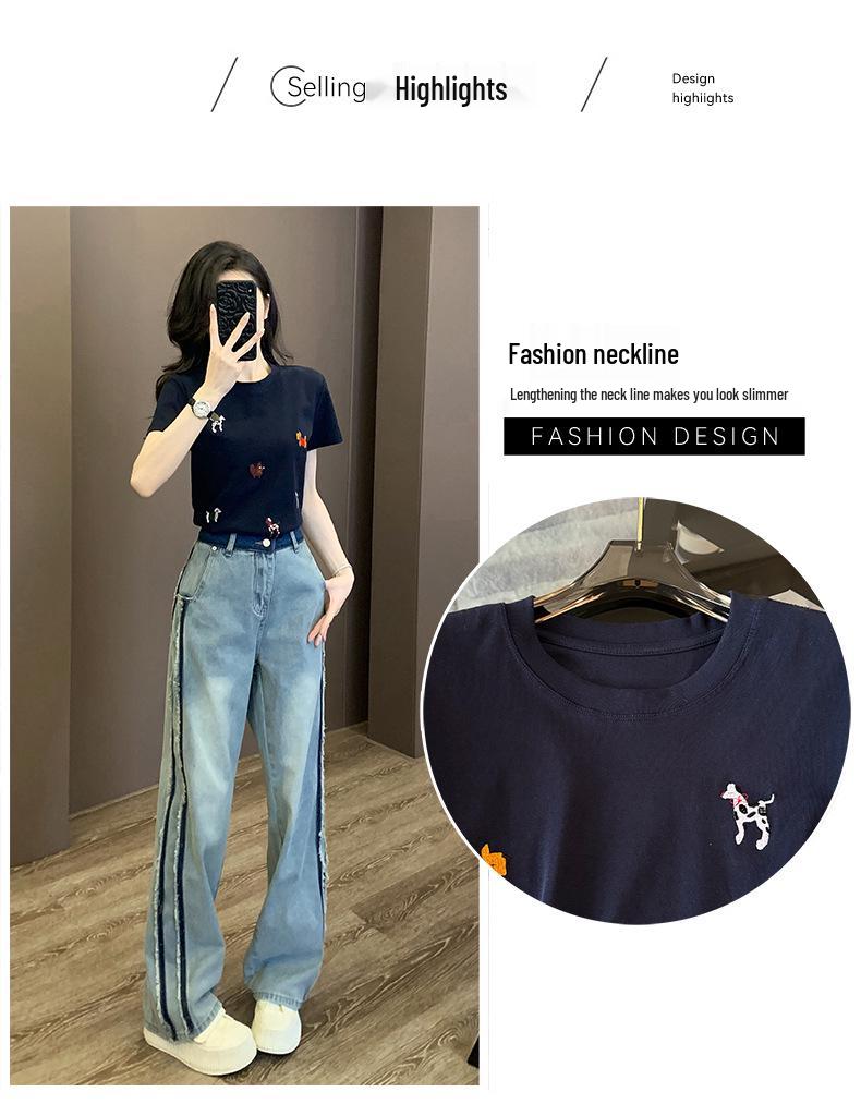 2026 Sommer Damen Trendiges Streetwear Set: Stilvolles Rundhals-Kurzarm-Oberteil & Weitbeinige Jeans