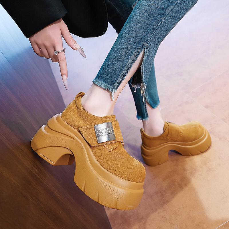 Fashion New 2025 Autumn 9CM High Heels Casual Leather Shoes Women Chunky Sneakers Comfortable Pumps High Platform Walking Shoes Woman
