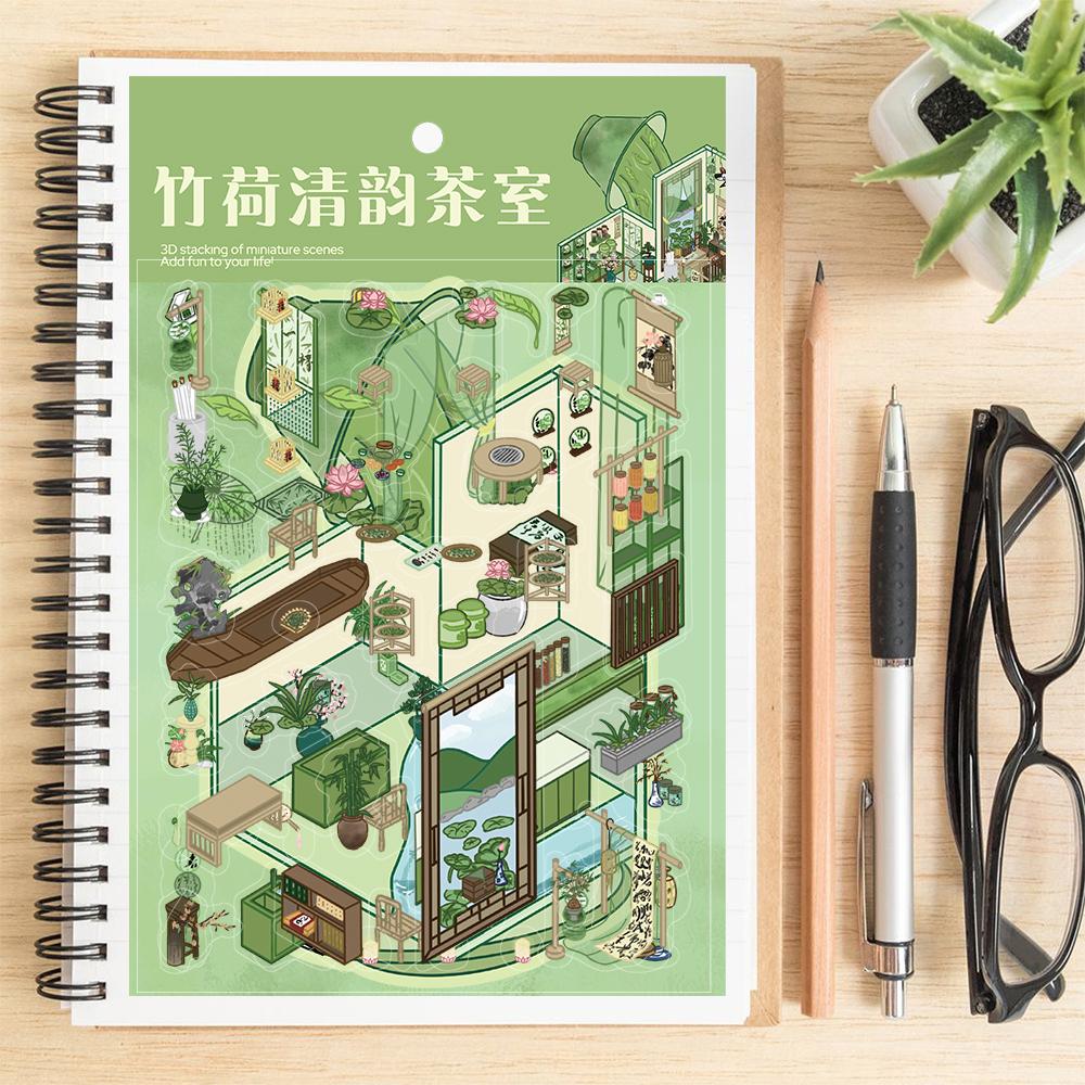 3PCS Zhuhe Qingyun Tea Room Sticker Nostalgia Scrapbooking Landscape Luggage Wall Painting Laptop Car Waterproof Decals