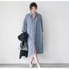 Spring and Autumn New Korean Version Versatile Loose Medium and Long Over Knee Long Sleeve Striped Shirt Skirt Women