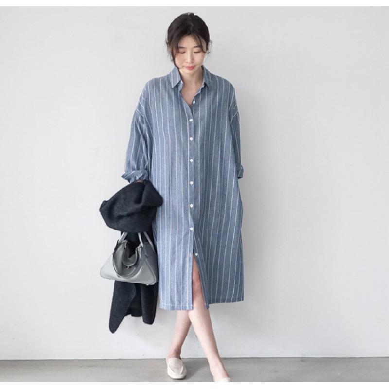 Spring and Autumn New Korean Version Versatile Loose Medium and Long Over Knee Long Sleeve Striped Shirt Skirt Women