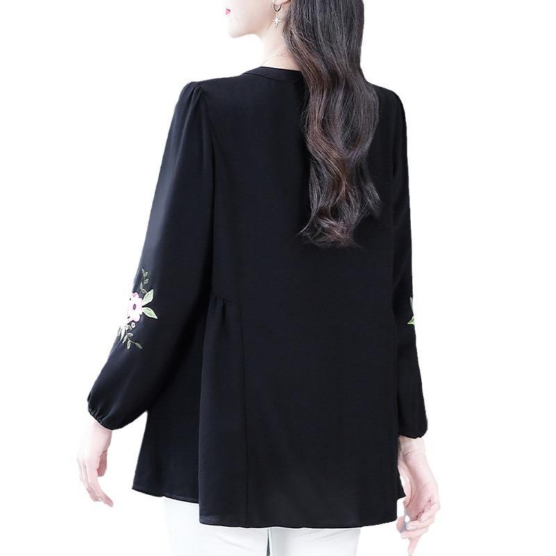 Nadměrná velikost vyšívaný top s dlouhým rukávem a kulatým výstřihem na podzim/zimu - Pro ženy středního věku a starší