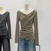Women's Striped Asymmetrical Off-the-Shoulder Long Sleeve Top - Slimming Early Autumn Wear 2025