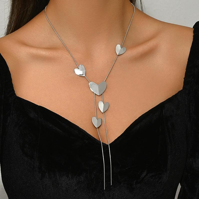 Circular Heart-Shaped Geometric Necklace Hollow Y-Shaped Design Creative Long Pendant Tassel Necklace Women's Trendy Jewelry