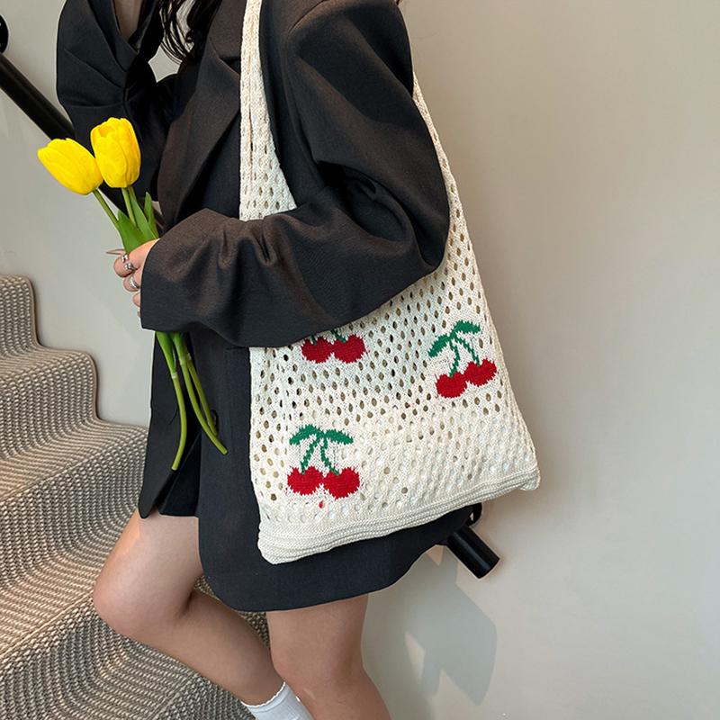 Borsa Tote all'Uncinetto di Grande Capacità alla Moda Stile Coreano Borsa Intrecciata Vuota Borsa a Mano in Maglia Ricamata in Poliestere Quotidiana 0841 CLE
