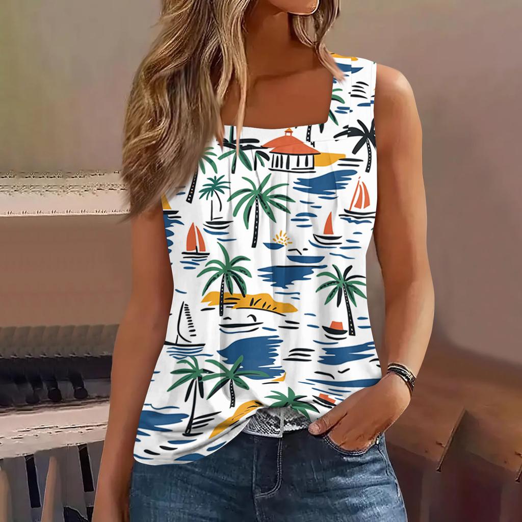 Dámské letní ležérní plisované tílko bez rukávů se čtvercovým výstřihem s potiskem