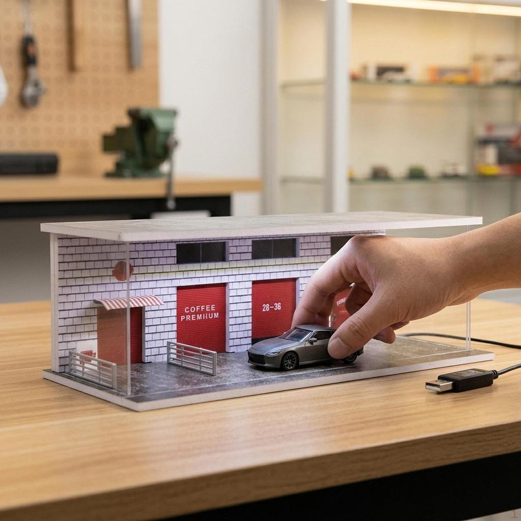 1/64 Modellauto Vitrine Szene Parkplatz Stapelbar mit LED-Lichtern Miniaturstraße