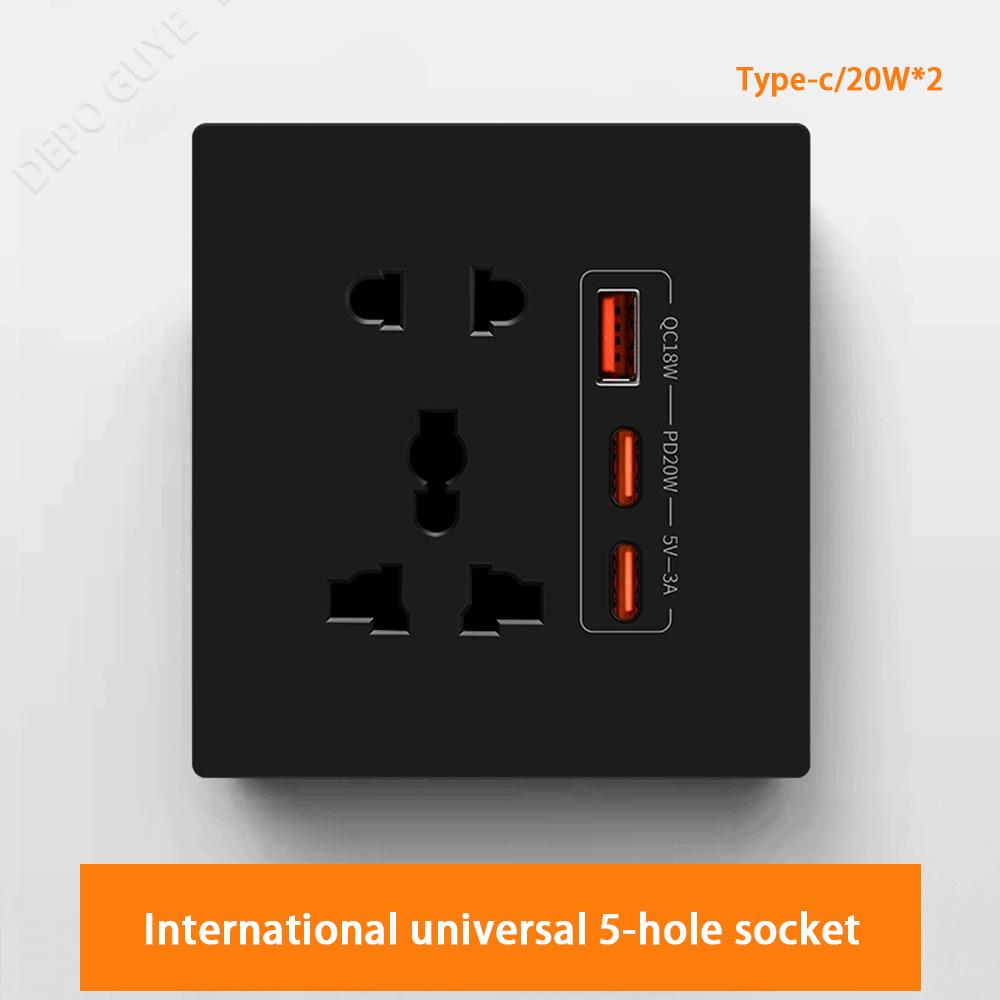 Universal 5Pin Socket With 20W Fast Charging Double Type-C Port,UK Wall  Electrical USB Plastic Power Plug Outlet AC 110V-250V