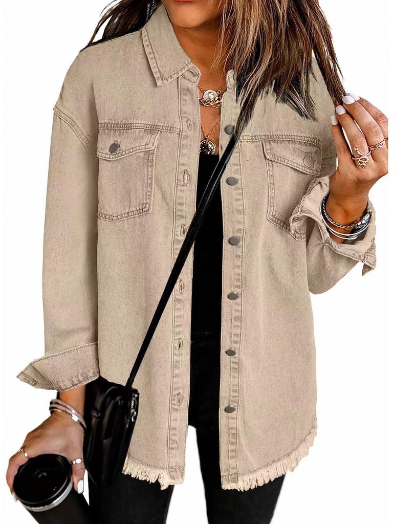 Women's Frayed Hem Denim Shirt Jacket - European & American Street Style for Autumn/Winter.