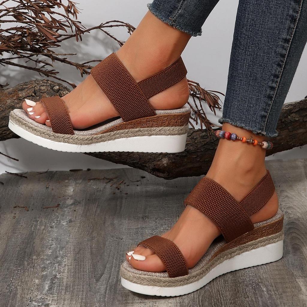 Plus Size Elastic Band Wedge Sandals, Women's Summer 2025, Slip-on Thick Sole Open Toe Sandals