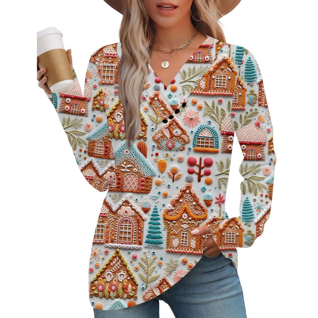 Women's Fashion Casual V-neck Pleated Christmas Long Sleeve Top