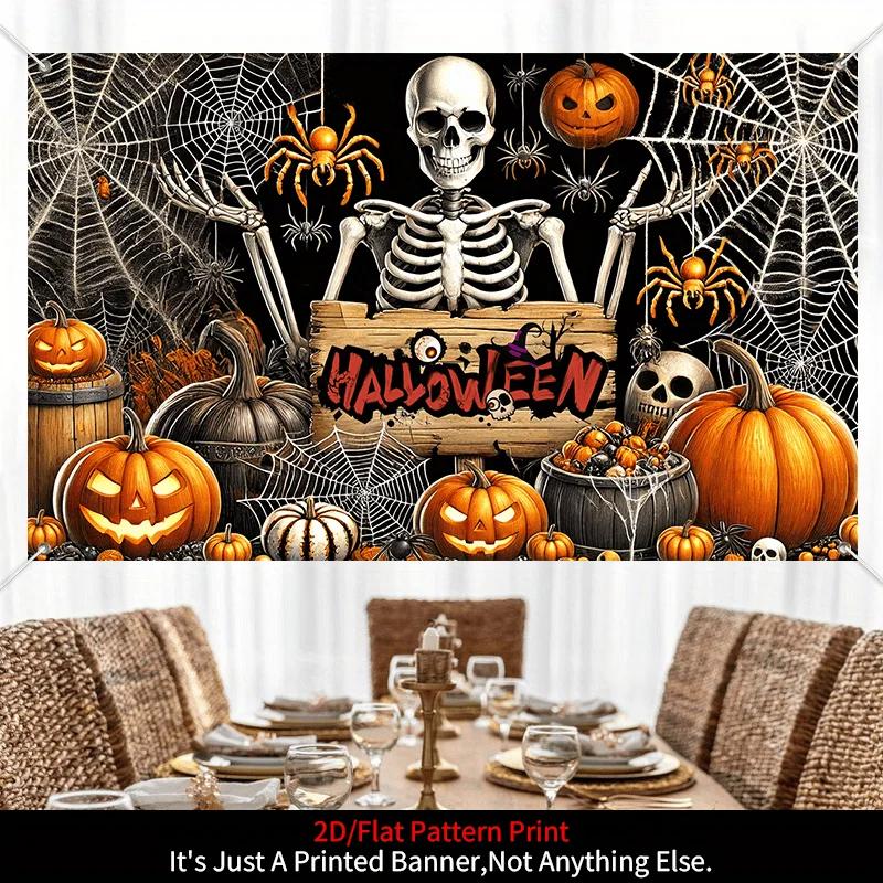 1 item, Halloween banner background decoration, 2D flat skull figure, pumpkin and spider web pattern background wallDJH