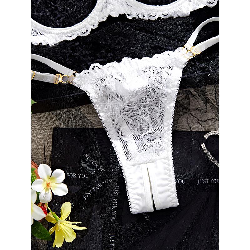 White Lace Three-Point Open Crotch & Bust Lingerie Set with Cutout Thong