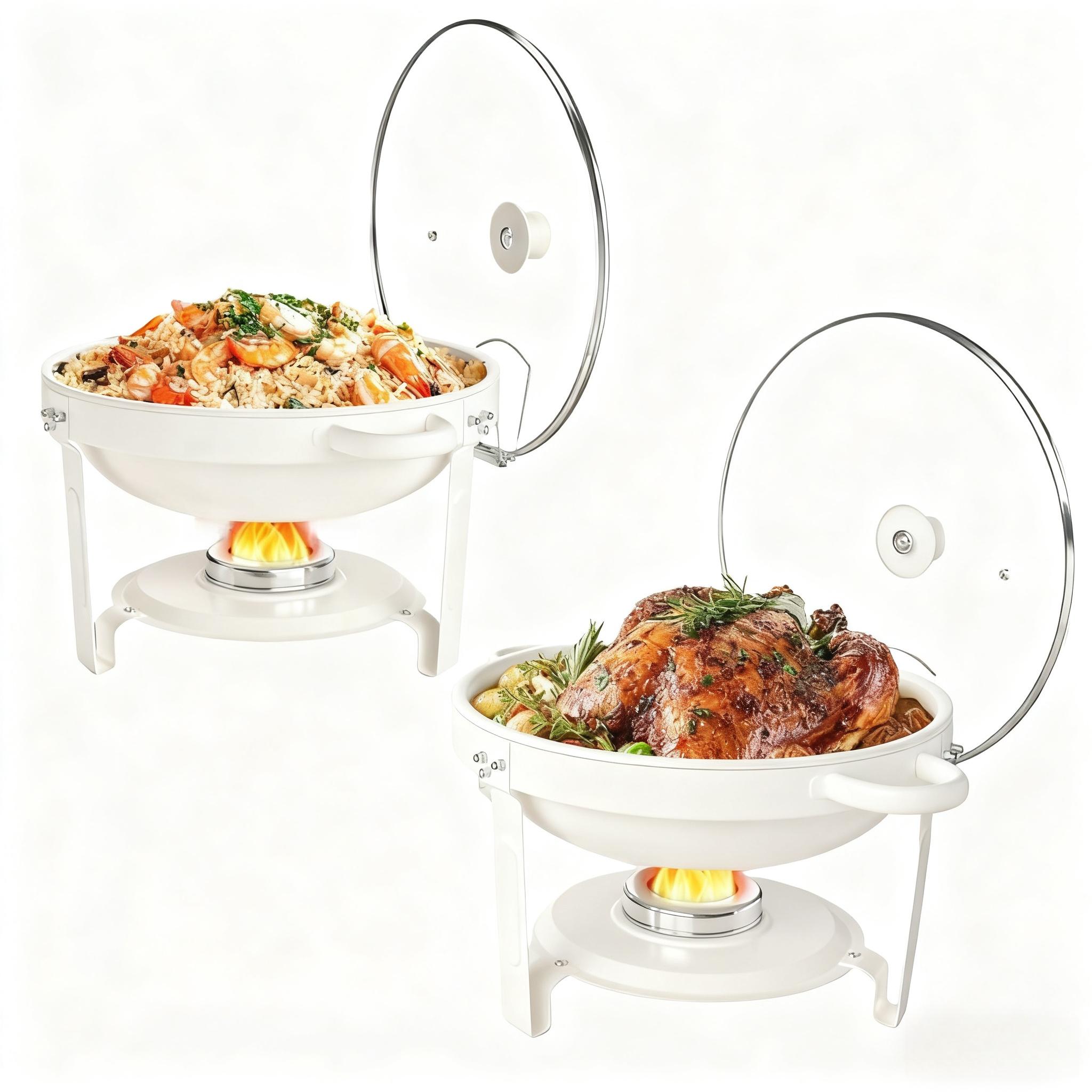 

White Chafing Dishes for Buffet with Glass Lid (5QT, 1-2-4Pack), Stackable, Lid Holder for Party, Wedding