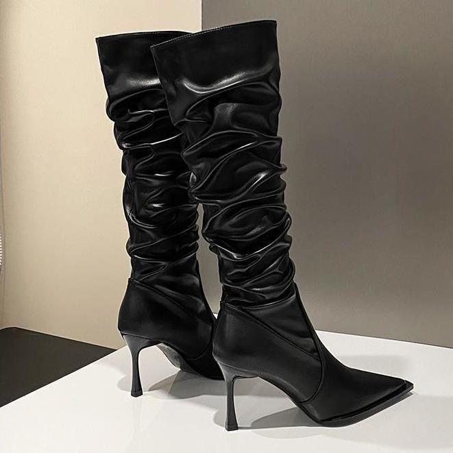 Thin heel pile boots high heel high boots women's 2025 autumn and winter new pointed folds but knee boots