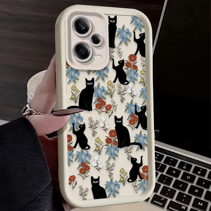 Black Cat Flower Artistic Phone Case For Redmi Note 13 12 Pro Plus 5G 13 12 Pro 4G 5G 11 10 Pro 12S 5G 11S 10S Redmi 13C 12 5G