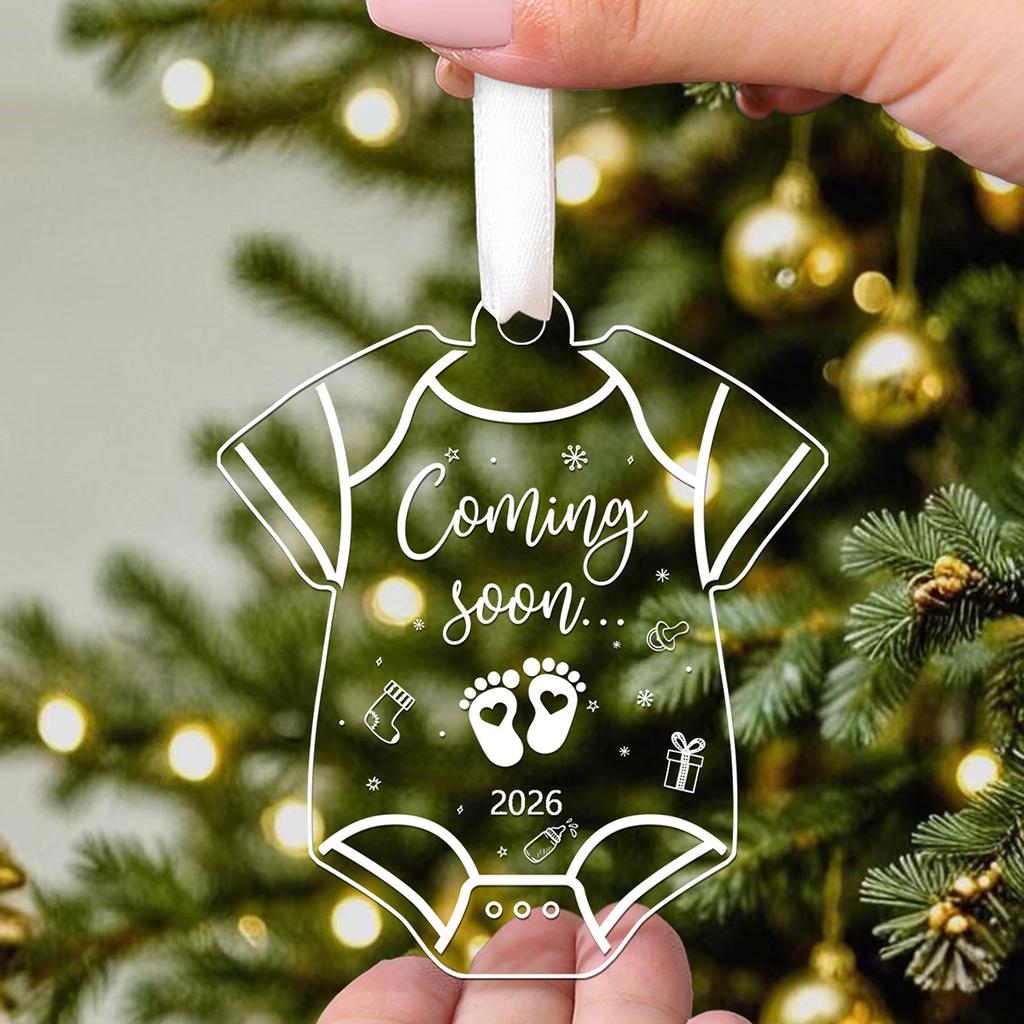 2D Flat,2026 Baby Shower & Pregnancy Announcement Decoration - Transparent Acrylic Hanging Ornament with "Coming Soon"Footprints