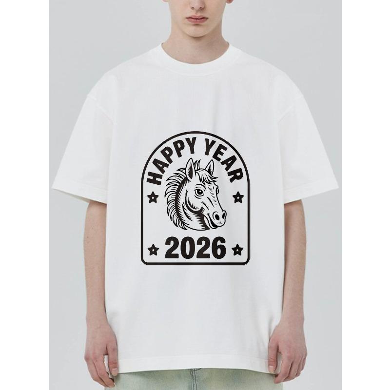 

Black T Shirt With Horse And Happy Year 2026 Print For Casual Wear XXXXL білий