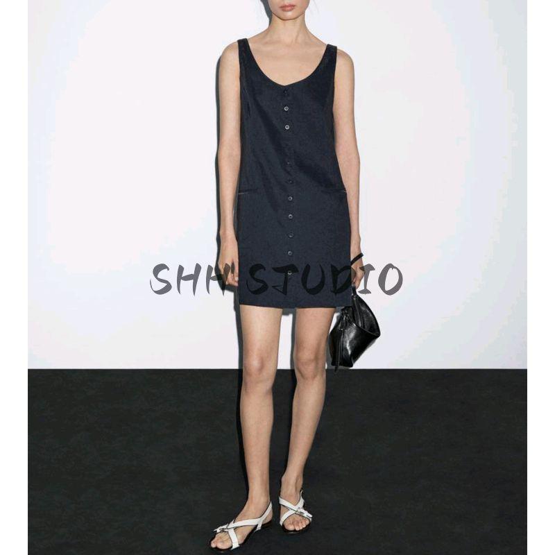 MD Early Autumn New Women Clothes Minimalist High Sense of Intelligence Gold Sense Short U-Collar Sleeveless Jumpsuit Short Dress 6641800