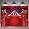 A 2D Flat-pattern Banner with a Circus Party Theme, Featuring Red Tents and Balloons As the Background