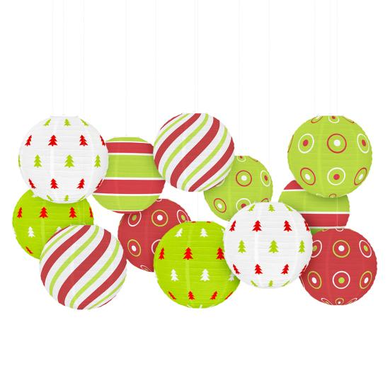 Red And Green Paper Lantern 12 Inches Christmas Hanging Round Lantern for Indoor Outdoor Holiday Ceiling Decor