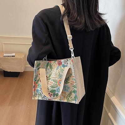 Floral Linen Woven Bag Women's Bag Messenger Shoulder Handbag Large-capacity Bag