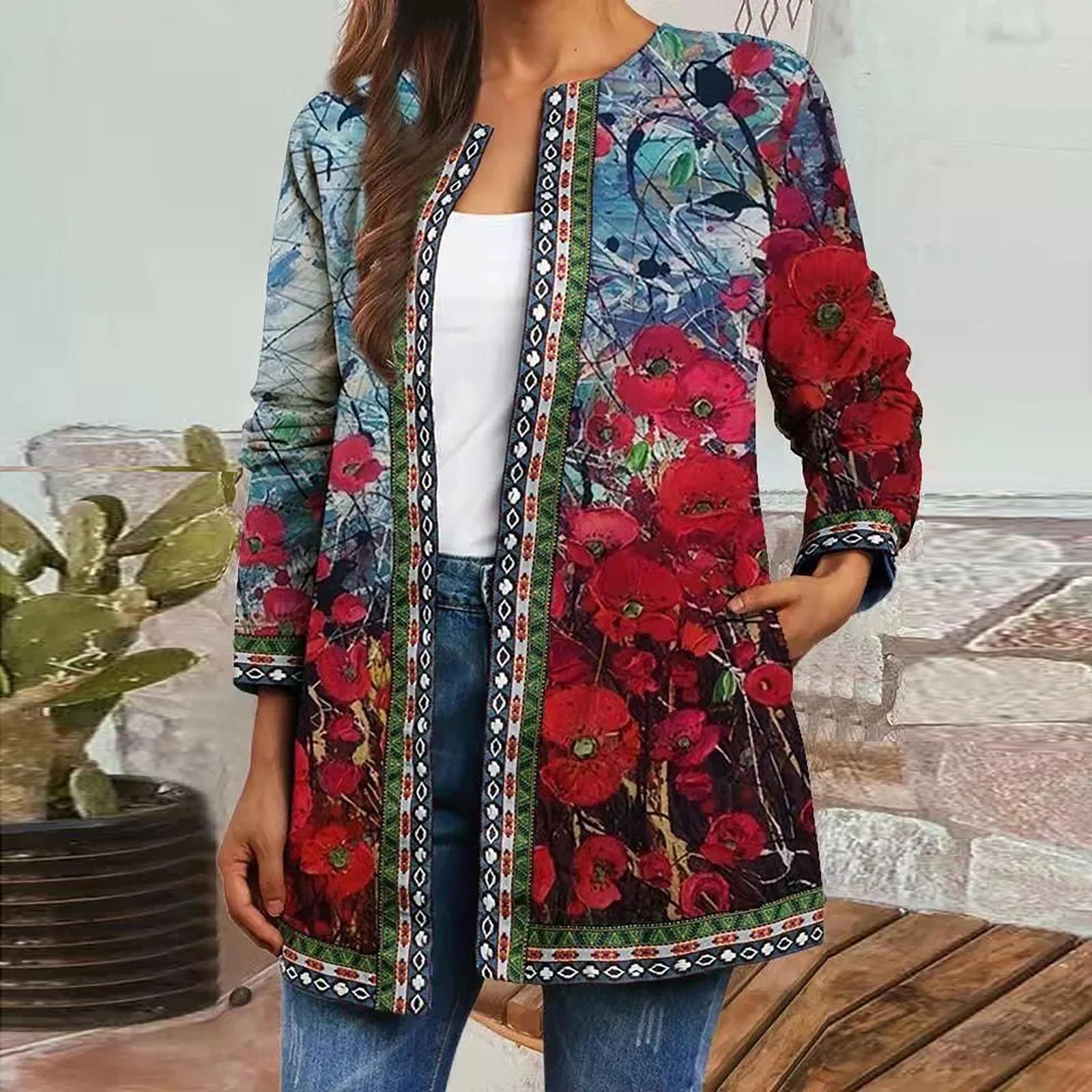 

Модная женская винтажная куртка с длинным рукавом с этническим принтом, куртка-кардиган, топ XL
