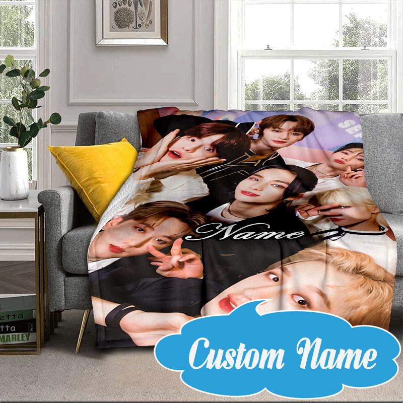 Custom Name K-pop stray Style Collective Blanket bed sofa Blanket Flannel Blanket for Camping, Hiking, Picnic Essentials,gift for Fan family