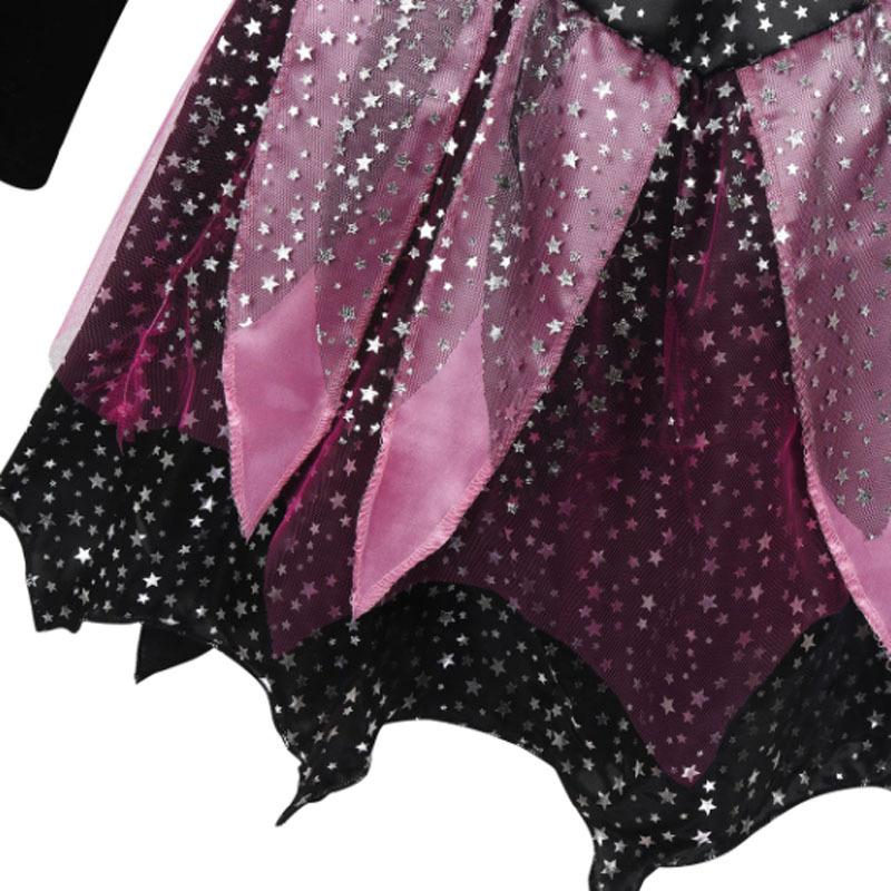 Kid Girls Halloween Witch Costume Sparkly Silver Stars Printed Carnival Cosplay Dress with Pointed Hat Wand Dress Up Clothes