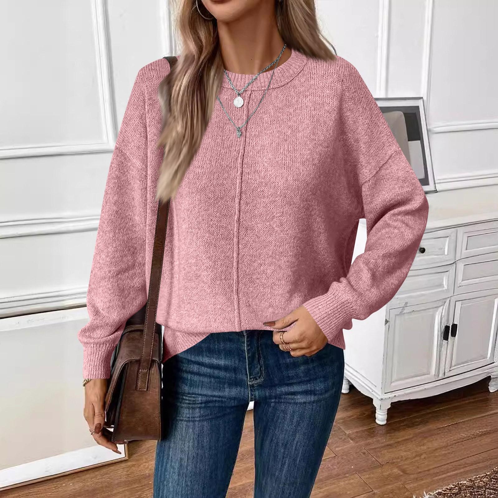 

Женский однотонный круглый вырез свободный модный удобный свитер трикотаж S розовый