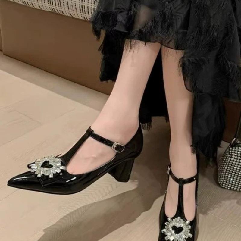Women's Coarse Heel Shoes Spring New Pointed Head Shallow Mouth Diamond-like Buckle Non-slip Wear-resistant High Heels