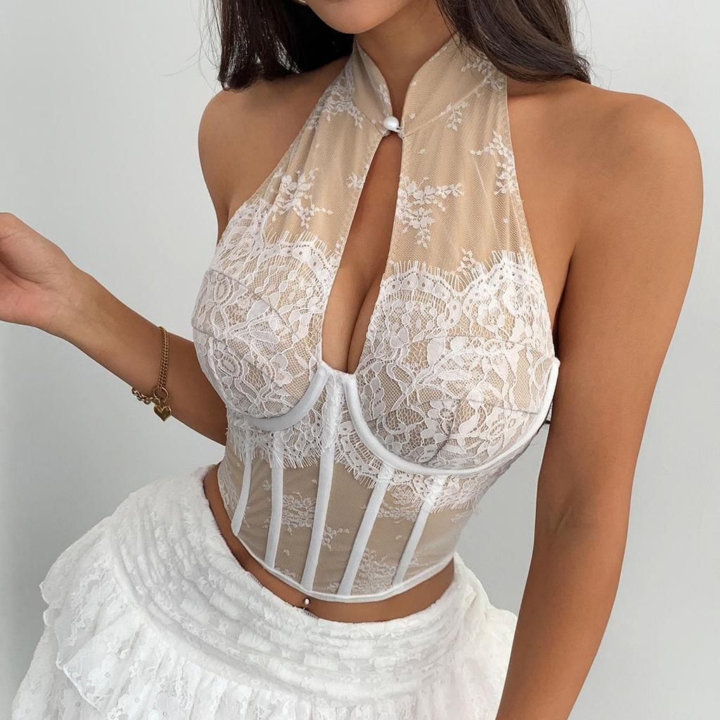 Elegant Lace Qipao Halter Neck Slim Fit Strapless Backless Crop Top