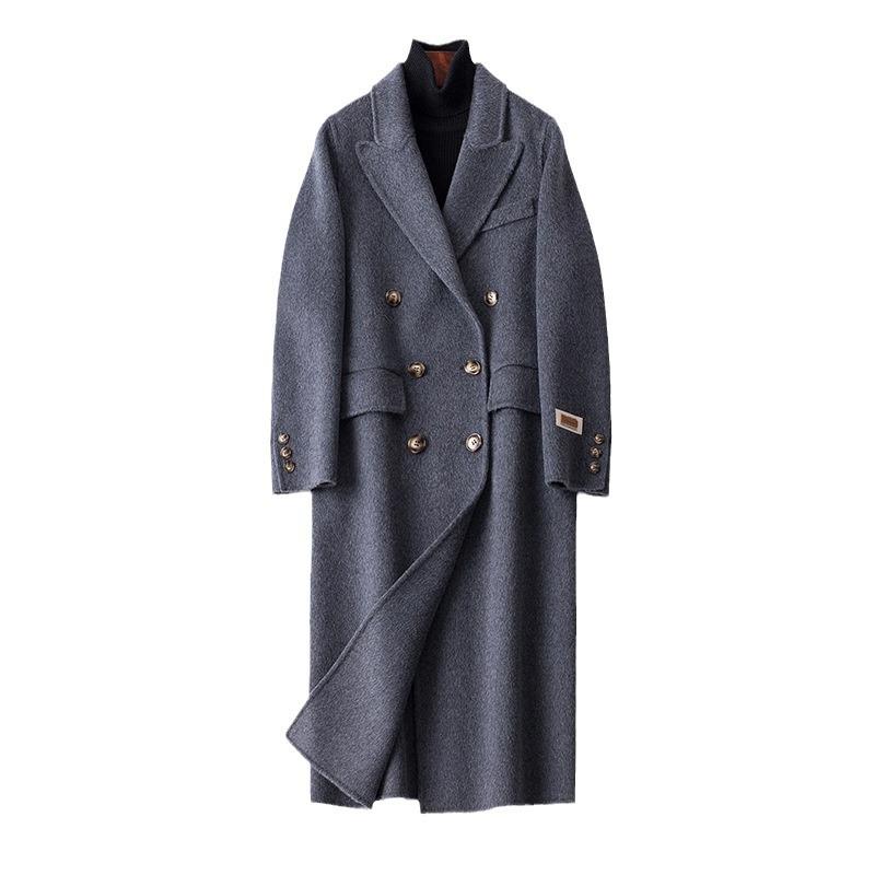 760 #alpaca Hair Mixed Color Double-sided Cashmere Coat Women's Medium and Long Suit Collar Double-breasted Woolen Coat Tide