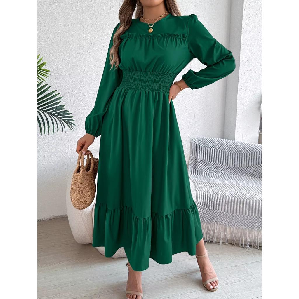 Autumn and Winter Casual Elegant Solid Color Round Neck Long Sleeved Waist Cinched Lotus Leaf Edge Dress Women Clothing