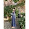 Temperament contrasting color plaid neck suspender skirt women's summer retro high-end dress, thin A-shaped long dress