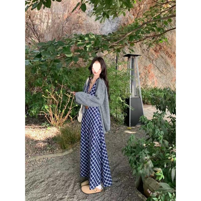 Temperament contrasting color plaid neck suspender skirt women's summer retro high-end dress, thin A-shaped long dress