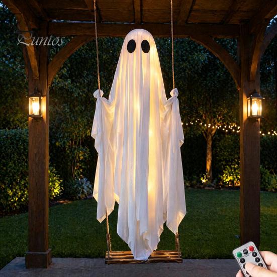 Hanging Ghost Decor Swinging Halloween Decoration, LED Light Up Large Spooky Weighted Fabric with Remote Control for Outside Garden Yard Porch