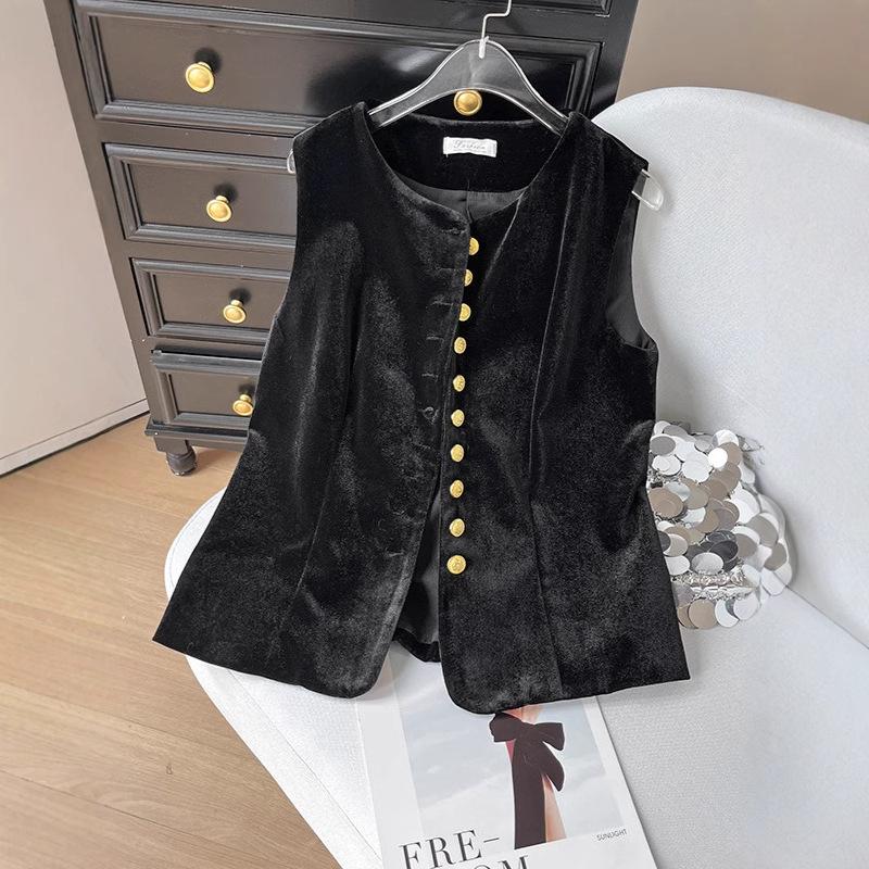 French retro fashionable vest women's top women's 2025 new thin high-end velvet black outer