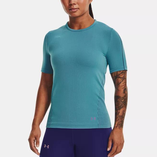 Under Armour Rush Series Solid Logo Embroidered Crew Neck Short Sleeve T-Shirt Women Tops Glacier-Blue 1373929-433
