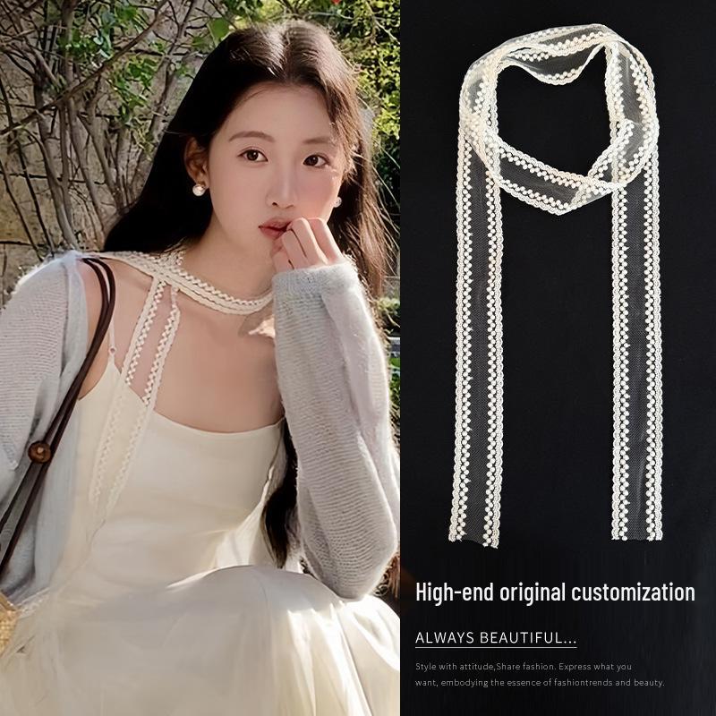 

2025 New Gentle Spring Outfit: Women s Long Silk Scarf with Lace, Elegant White Ribbon Neck Accessory.