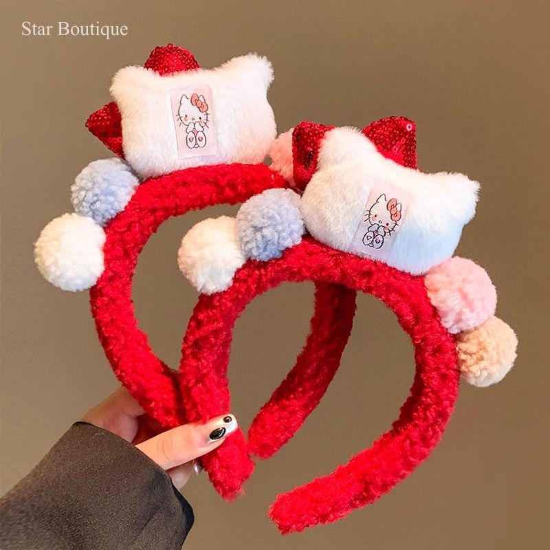 Red Bow Kitty Plush Headband for Women - Perfect for Autumn, Winter, Face Washing, and Holiday Headwear