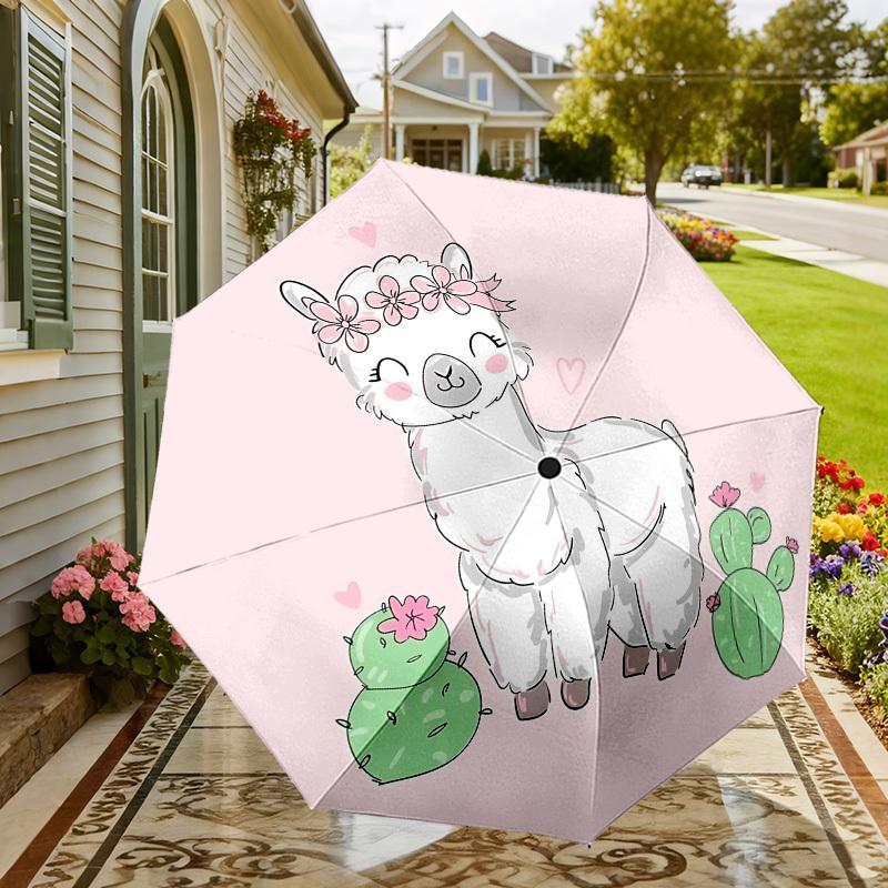 1pc Llama Cactus Automatic Folding Umbrella 8 Rib Iron Frame, Compact Portable Umbrella Suitable for Travel, Daily Use, Birthday, Women & Men Gift 016