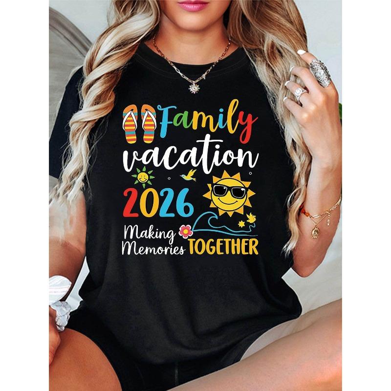 Women's 2026 Family Vacation Theme T-Shirt - Flip-Flop & Sun Slogan Decor Casual Short Sleeve, Colorful Warm Lively Family Vacation Top