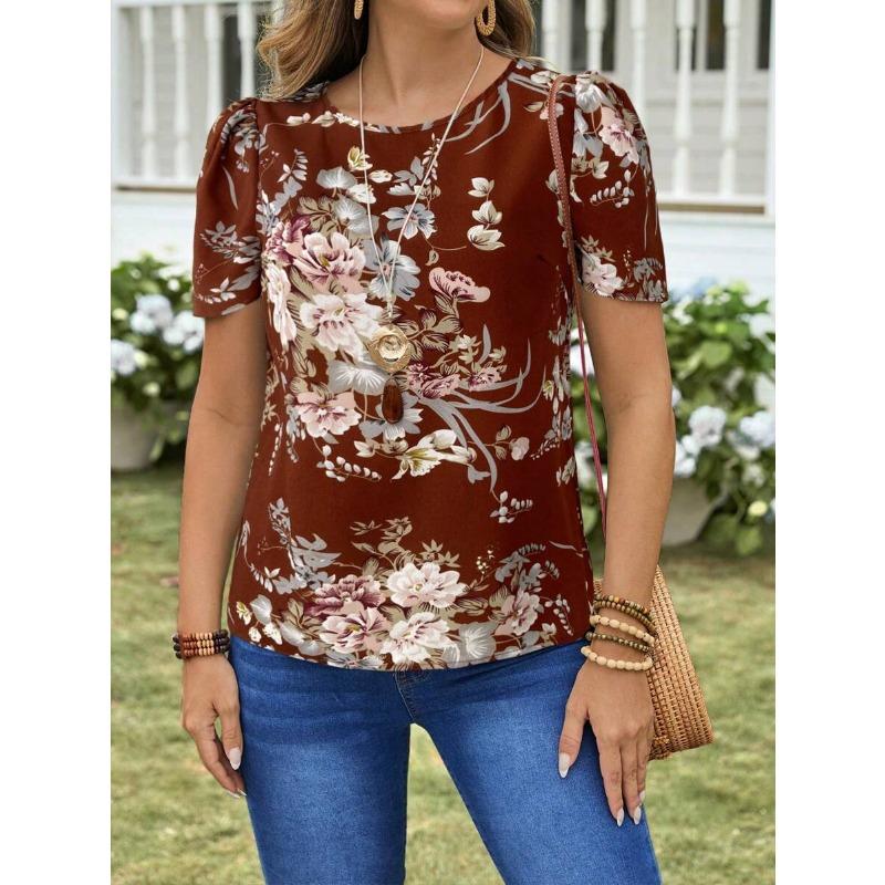 Flower T-shirt Women's Summer Outdoor Fashion Round Neck Short Sleeve Tops Large OverSize Loose Women's Clothing Daily Versatile