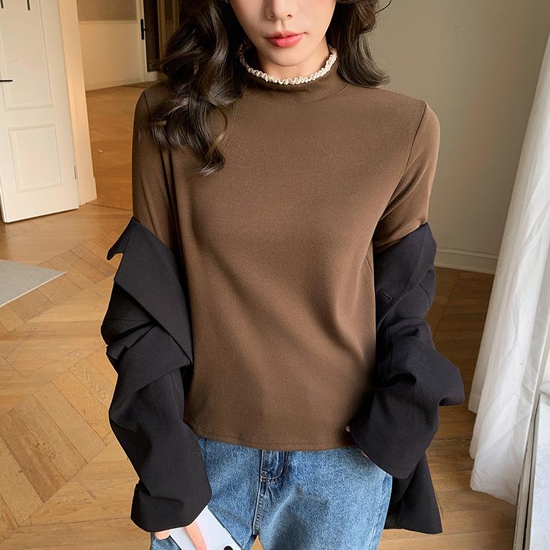 Double-sided polished particulate fleece spliced lace shirt women s season slim fit versatile xl fits 60-70kg кофейный