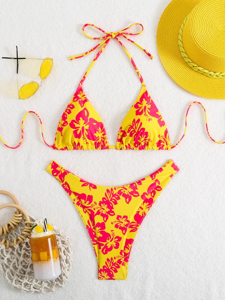 Summer retro floral print 2-piece bikini lace up swimsuit sexy high waisted women's swimsuit
