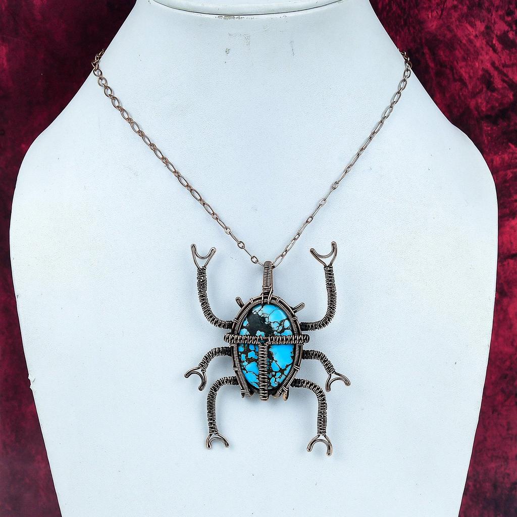 Tibetan Turquoise Pendant Beetle Jewelry Copper Wire Wrapped Gemstone Pendant