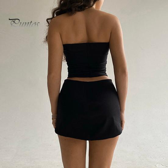 Women's Two Piece Skirt Set Strapless Bandeau Tube Crop Top And Bodycon Mini Skirt Set Summer Sexy Club Outfit